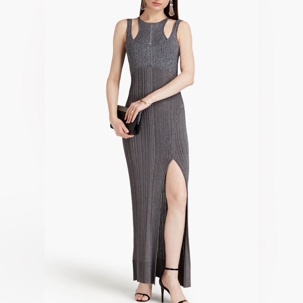 🩶Herve Leger Cutout metallic ribbed-knit gown in gunmetal. size S.